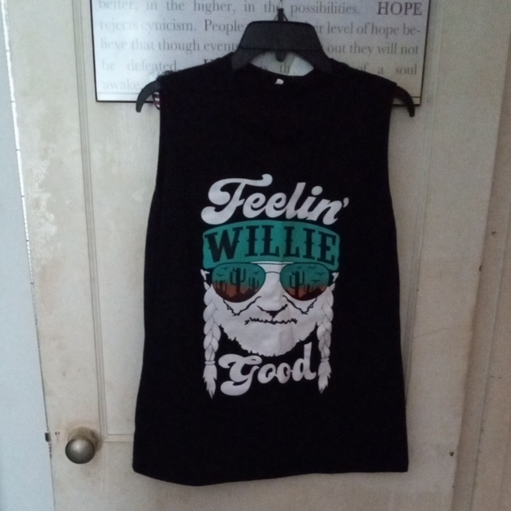 Black Graphic Sleeveless T-Shirt W/ Willie Nelson's Face On The Front